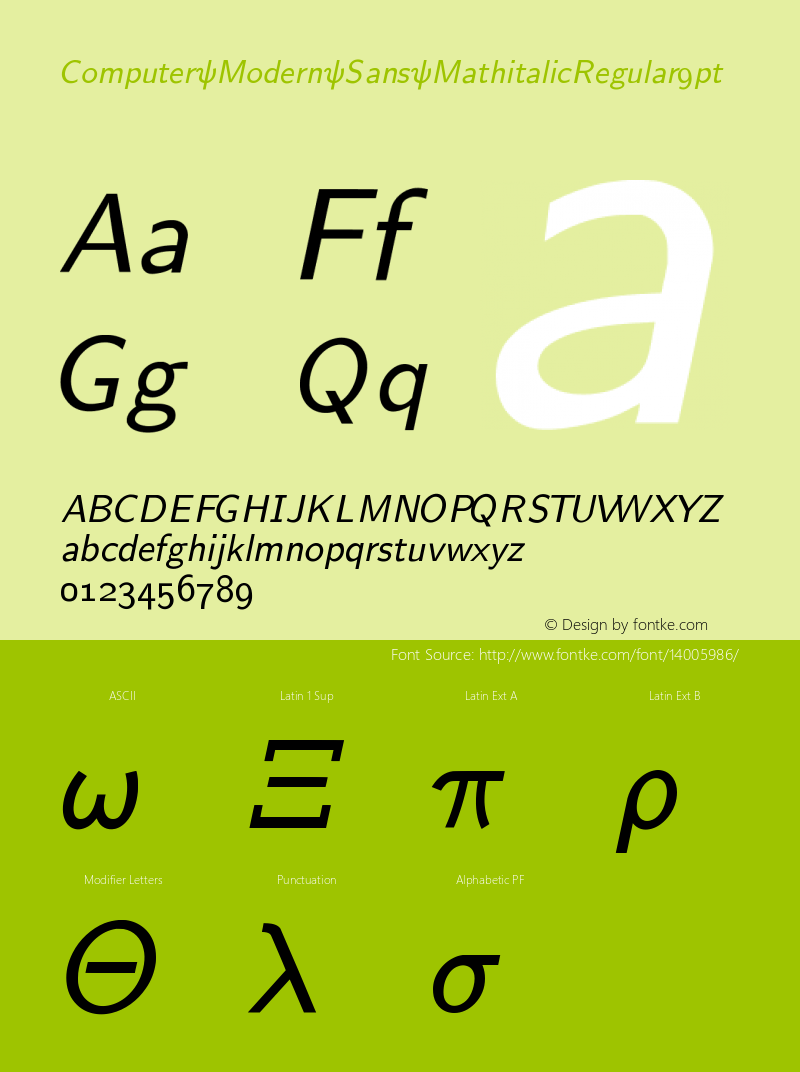 Computer Modern Sans MathitalicRegular9pt Version 001.001 Font Sample