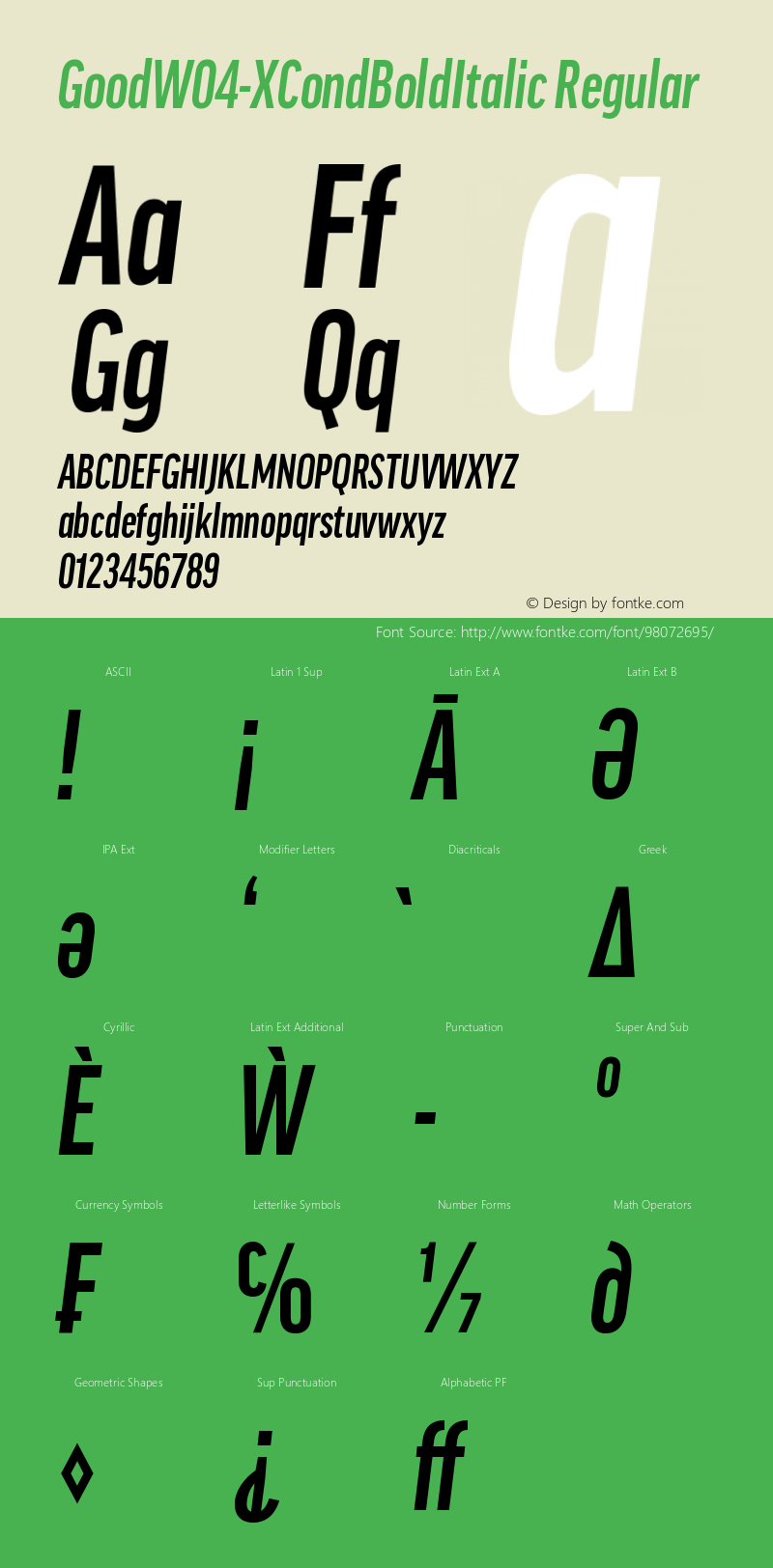 Good W04 XCond Bold Italic Version 7.504 Font Sample