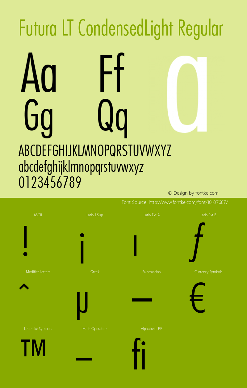 Futura LT CondensedLight Regular Version 6.1; 2002 Font Sample