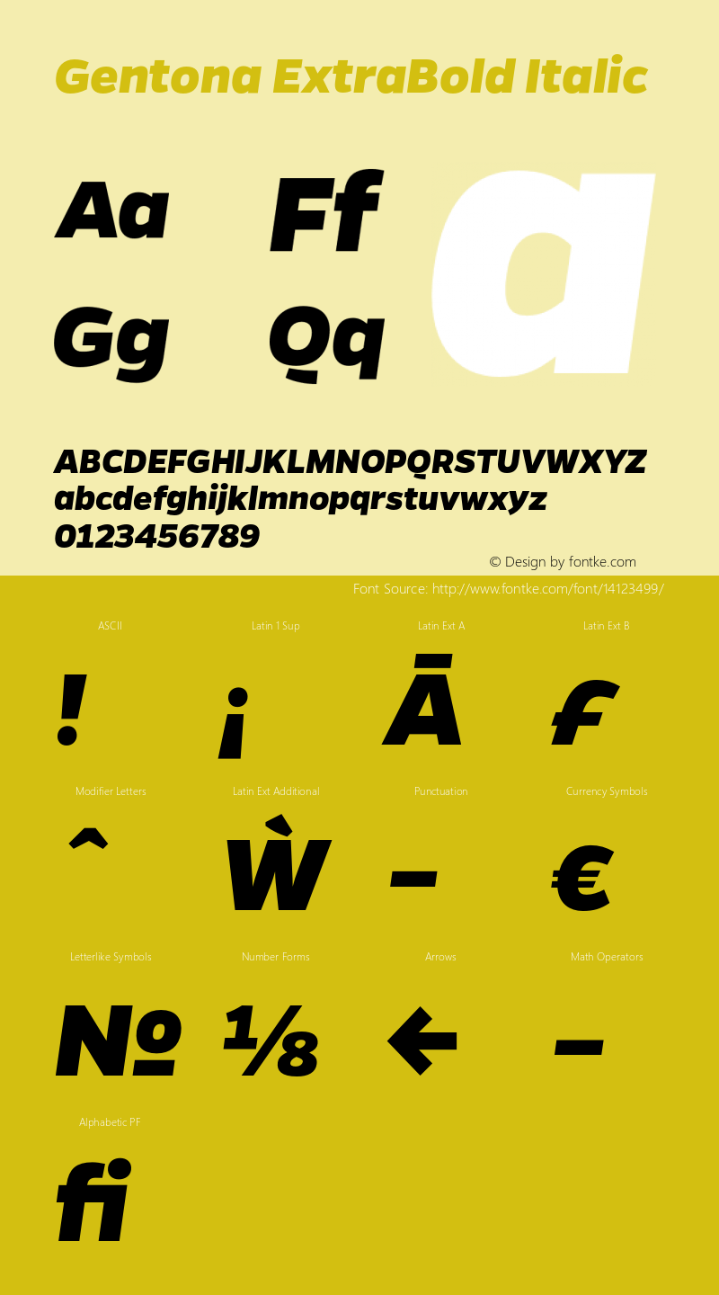 Gentona ExtraBold Italic Version 1.001;PS 001.001;hotconv 1.0.70;makeotf.lib2.5.58329 Font Sample