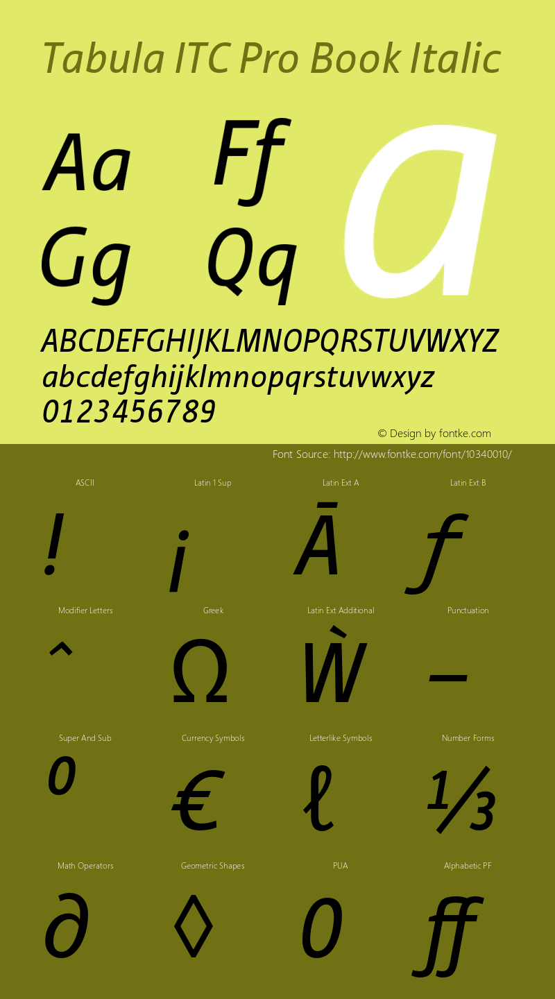 Tabula ITC Pro Book Italic Version 1.00 Font Sample