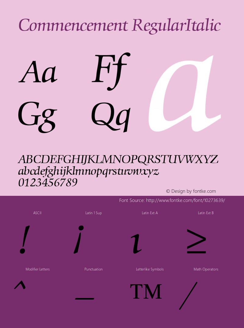 Commencement RegularItalic 1.0 Fri Oct 27 14:27:10 1995 Font Sample