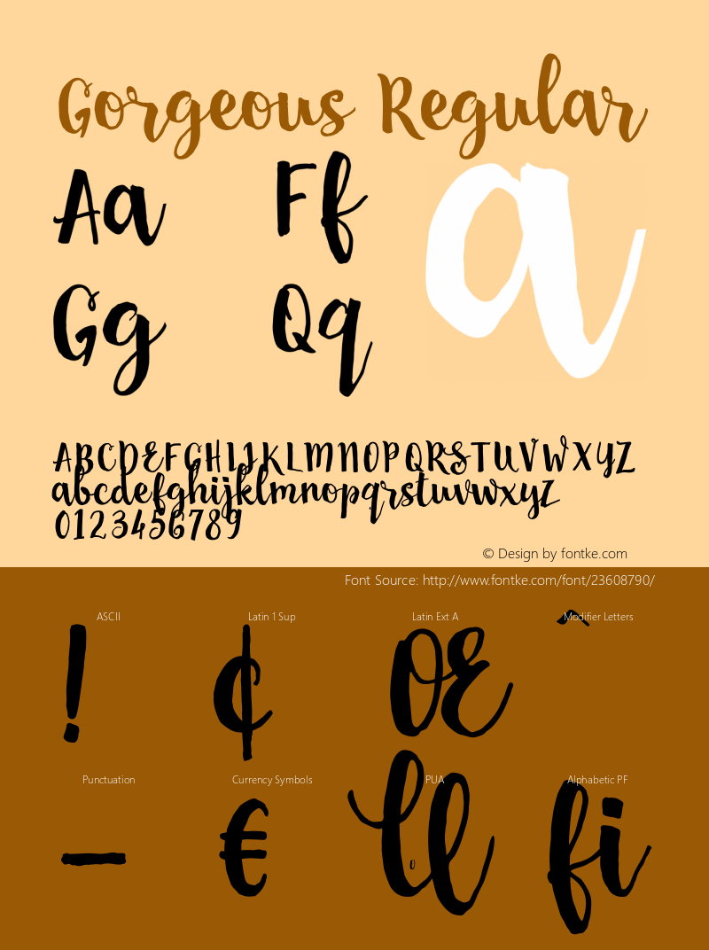 Gorgeous Version 1.00 August 10, 2017, initial release Font Sample
