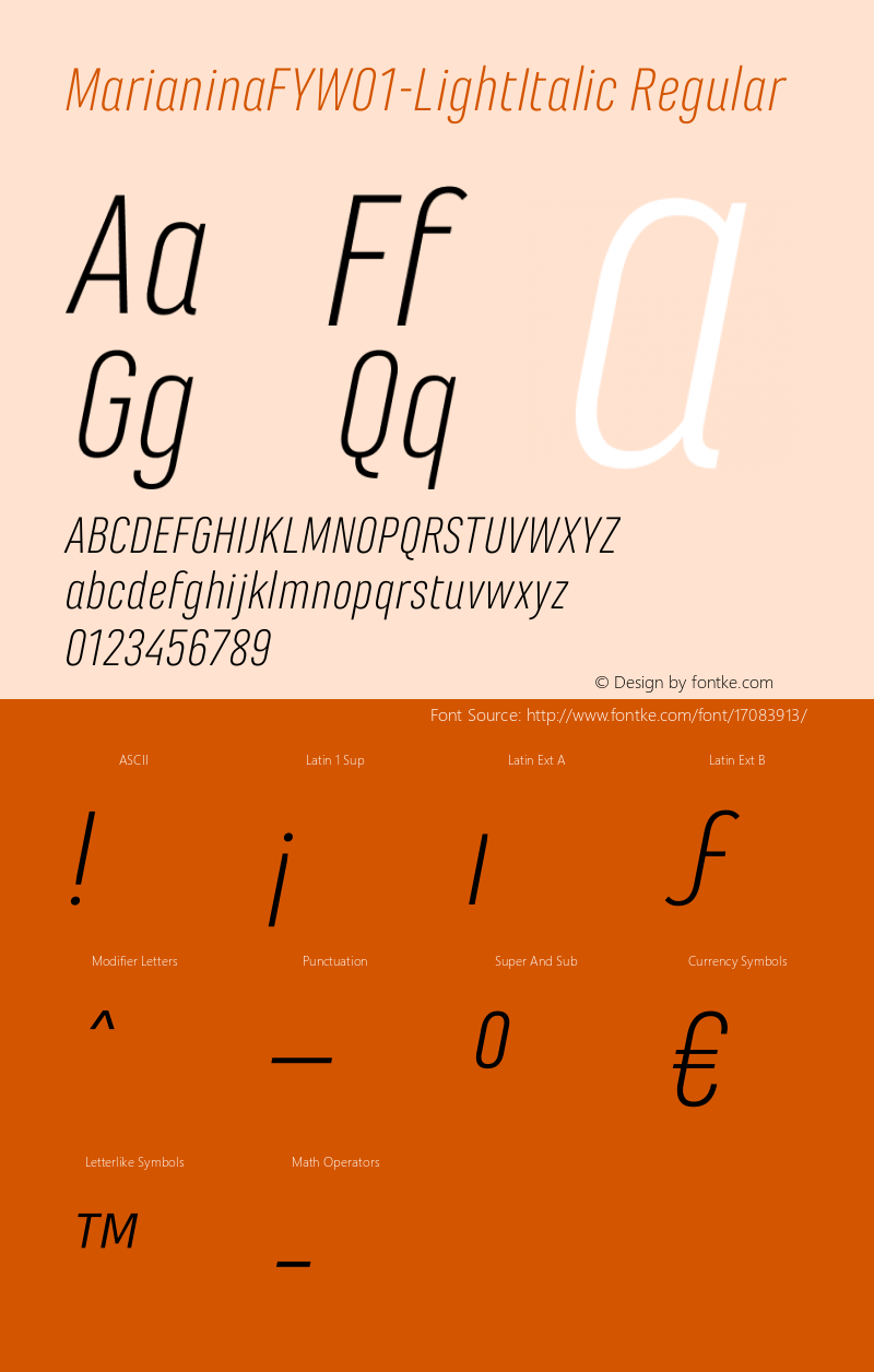 MarianinaFYW01-LightItalic Regular Version 1.00 Font Sample