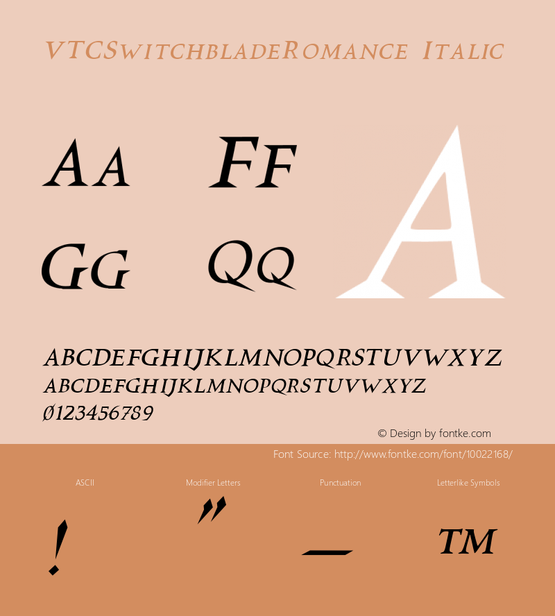 VTCSwitchbladeRomance Italic 1999; 1.0, initial release Font Sample