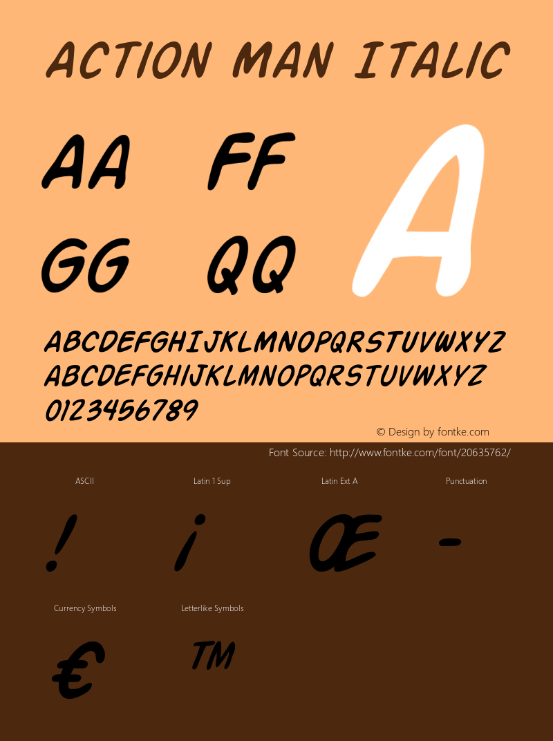 Action Man Italic ver 1.0; 2000. Freeware for non-commercial use. Font Sample