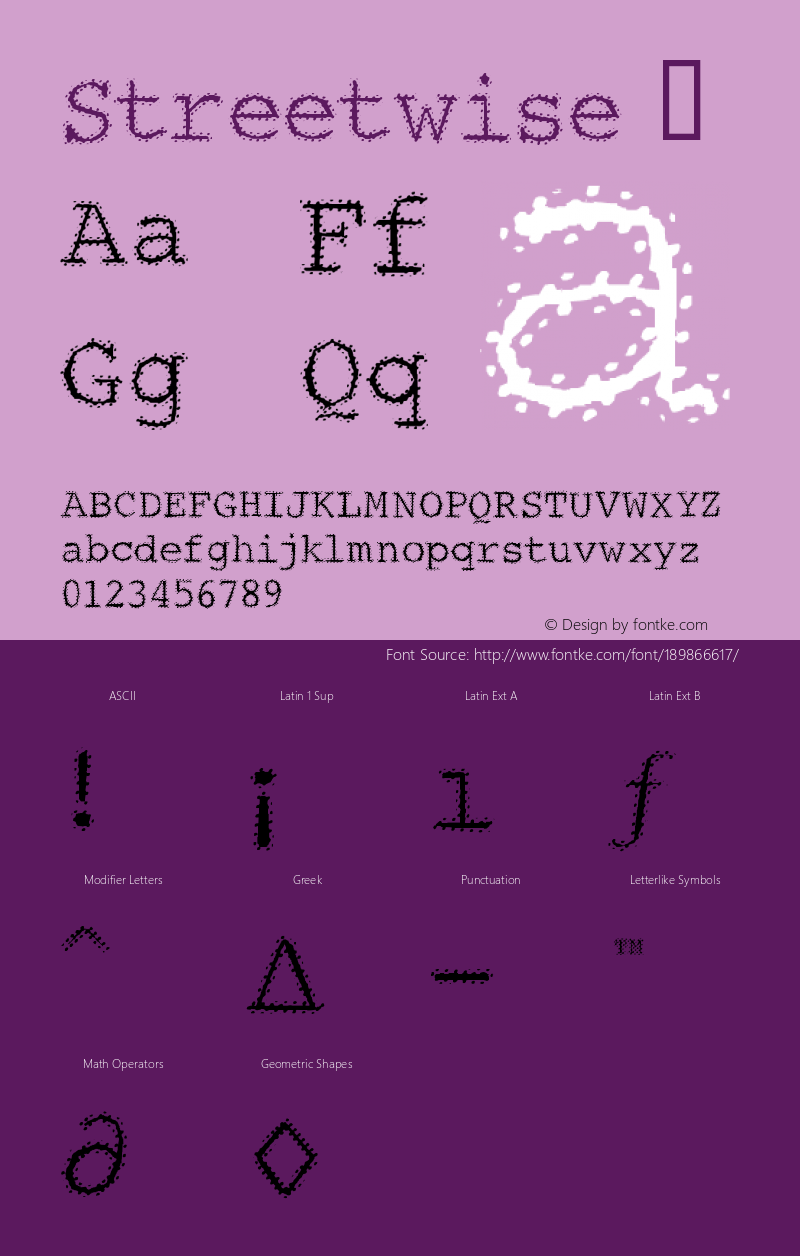 ☞Streetwise Macromedia Fontographer 4.1.3 5/9/02; ttfautohint (v1.5);com.myfonts.easy.typeart.streetwise.regular.wfkit2.version.36tA图片样张