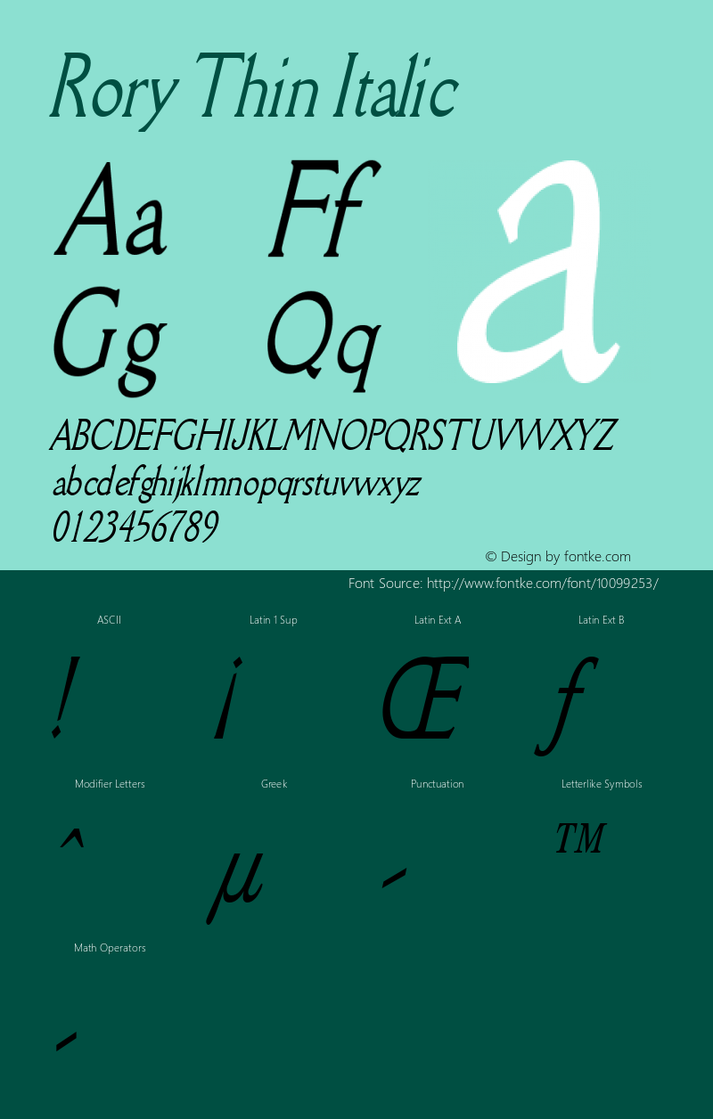 Rory Thin Italic Altsys Fontographer 4.1 1/9/95 Font Sample