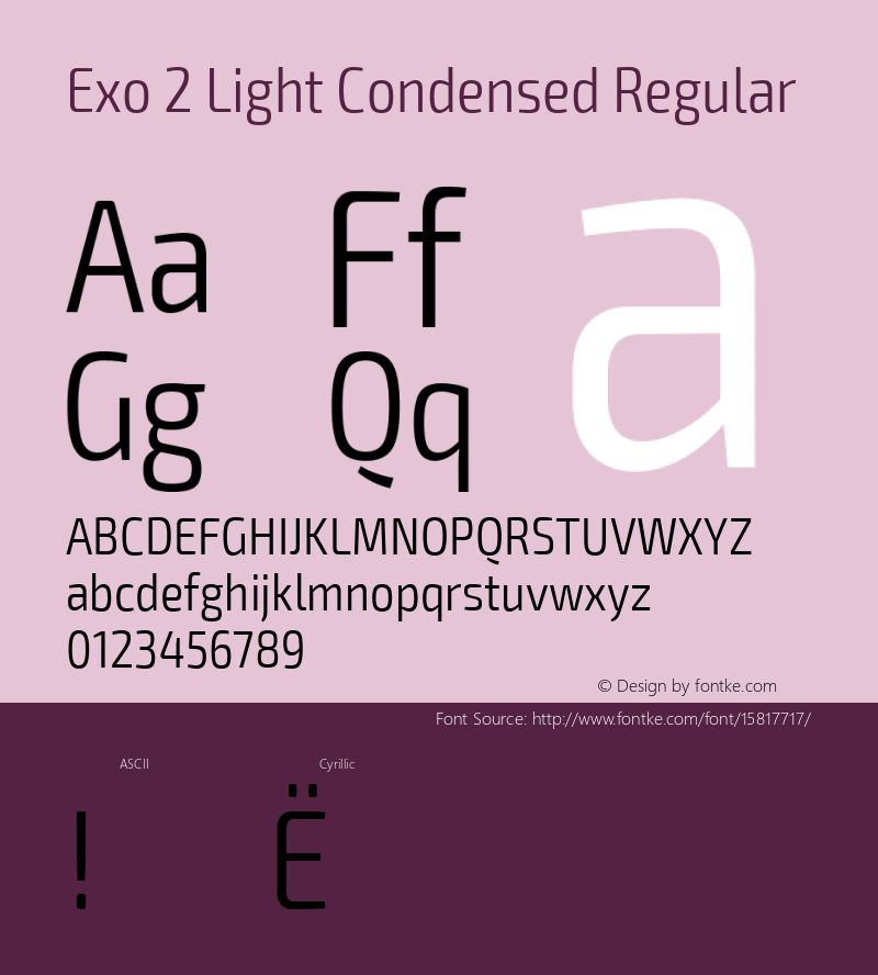 Exo 2 Light Condensed Regular Version 1.001;PS 001.001;hotconv 1.0.70;makeotf.lib2.5.58329; ttfautohint (v1.4.1) Font Sample