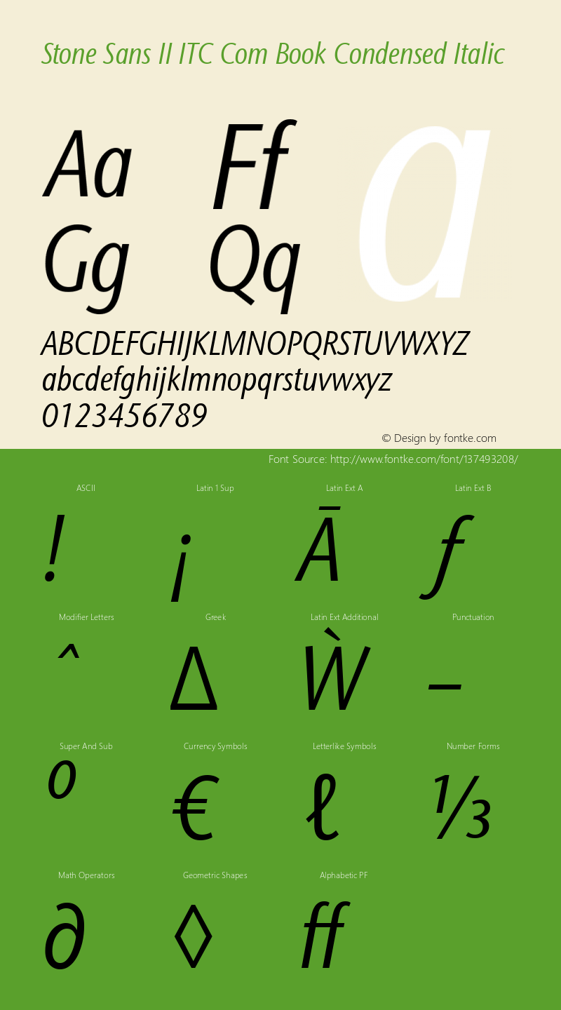 Stone Sans II ITC Com Book Condensed Italic Version 1.00 Font Sample