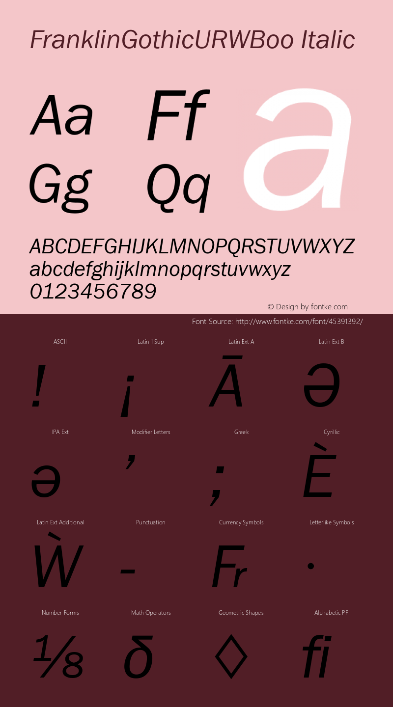 FranklinGothicURWBoo Italic Version 1.00 Font Sample