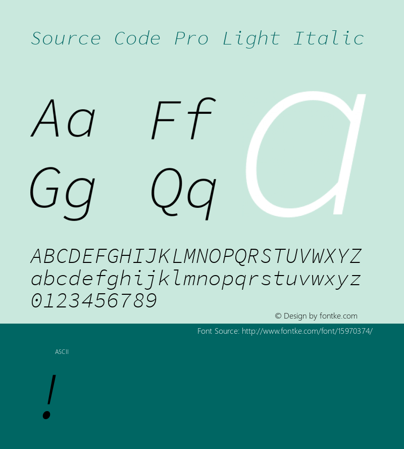 Source Code Pro Light Italic Version 1.030;PS 1.0;hotconv 1.0.84;makeotf.lib2.5.63406; ttfautohint (v1.4.1) Font Sample