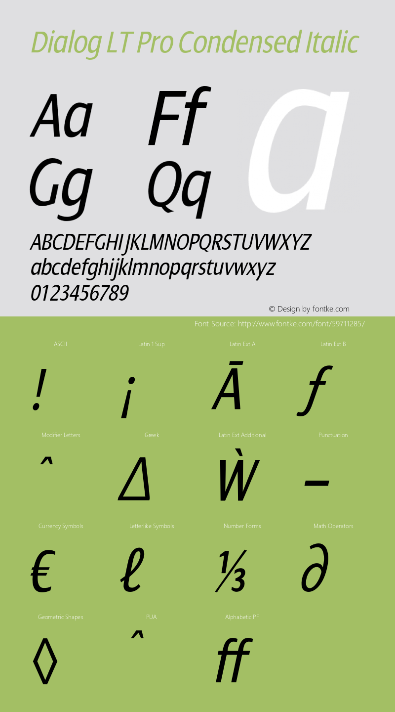 DialogLTPro-CondensedItalic Version 1.00 Font Sample