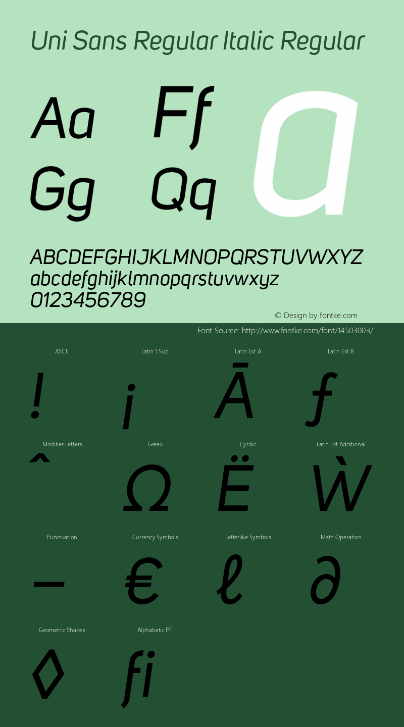 Uni Sans Regular Italic Regular Version 001.029 Font Sample