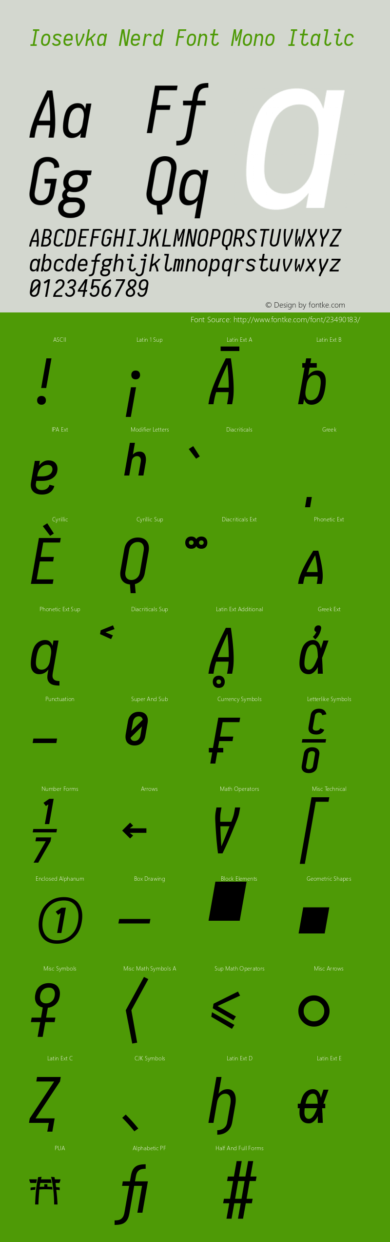 Iosevka Italic Nerd Font Complete Mono 1.8.4; ttfautohint (v1.5) Font Sample