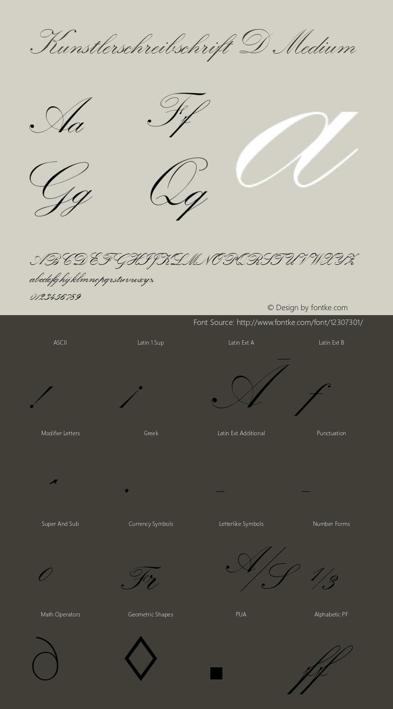 Kunstlerschreibschrift D Medium Version 1.000;PS 1.10;hotconv 1.0.57;makeotf.lib2.0.21895 Font Sample
