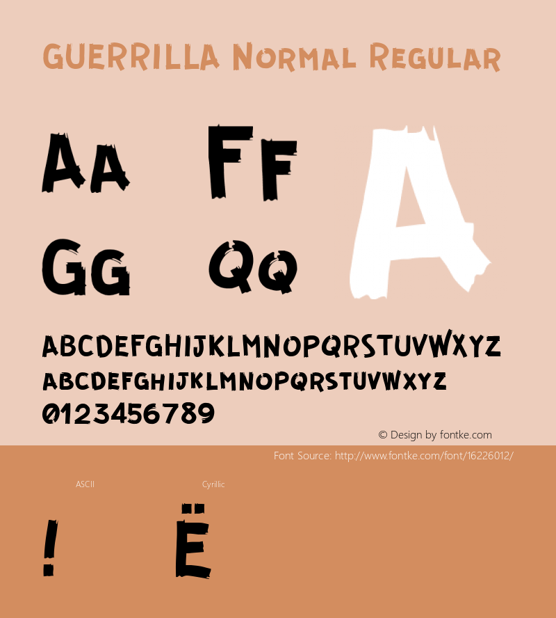 GUERRILLA Normal Regular Version 1.000;PS 001.000;hotconv 1.0.70;makeotf.lib2.5.58329; ttfautohint (v1.4.1) Font Sample