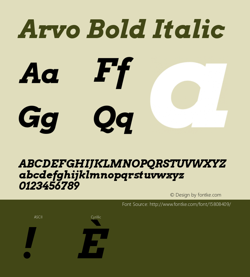 Arvo Bold Italic Version 2.001 2013; ttfautohint (v1.4.1) Font Sample