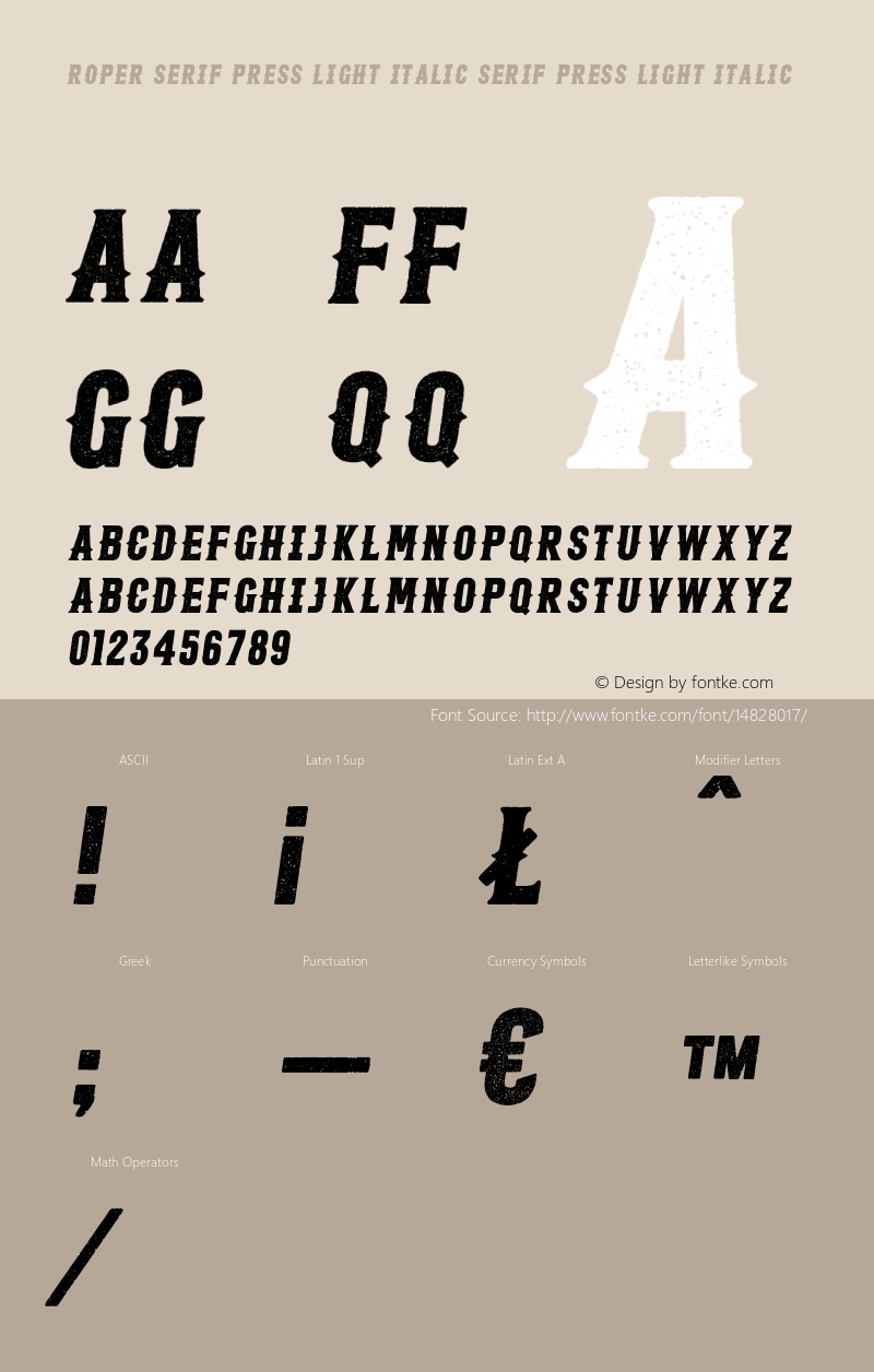 Roper Serif Press Light Italic Serif Press Light Italic Version 1.000 Font Sample