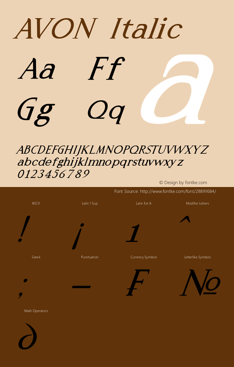 AVON Italic Version 1.00;March 20, 2019;FontCreator 11.5.0.2422 32-bit Font Sample