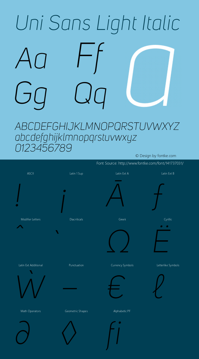 Uni Sans Light Italic Version 1.029;PS 001.029;hotconv 1.0.88;makeotf.lib2.5.64775 Font Sample