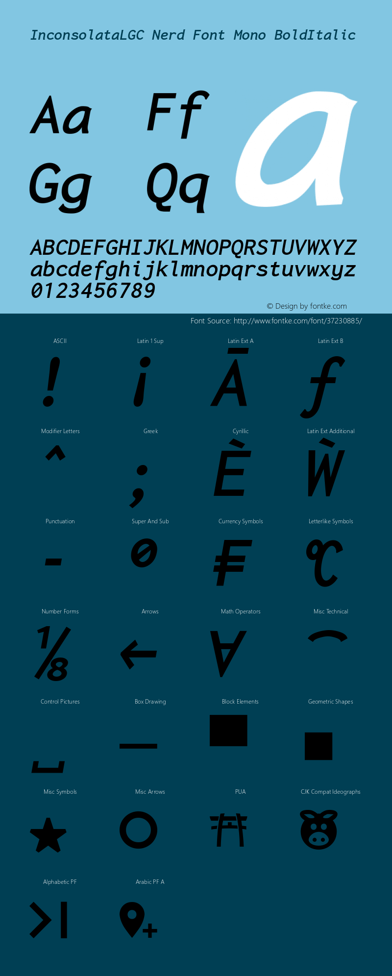 Inconsolata LGC Bold Italic Nerd Font Complete Mono Version 1.3;Nerd Fonts 2.0.0 Font Sample
