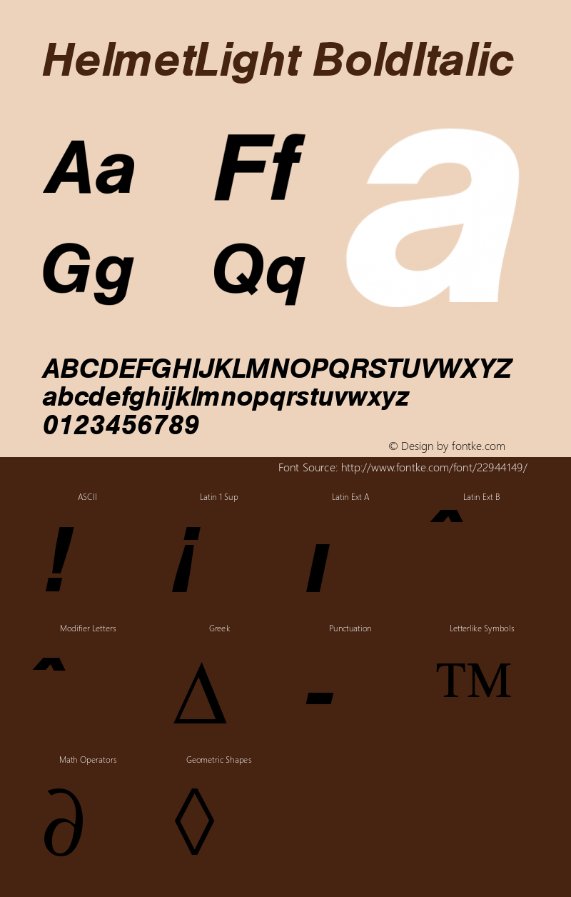 HelmetLight BoldItalic Macromedia Fontographer 4.1 18.06.1995 Font Sample