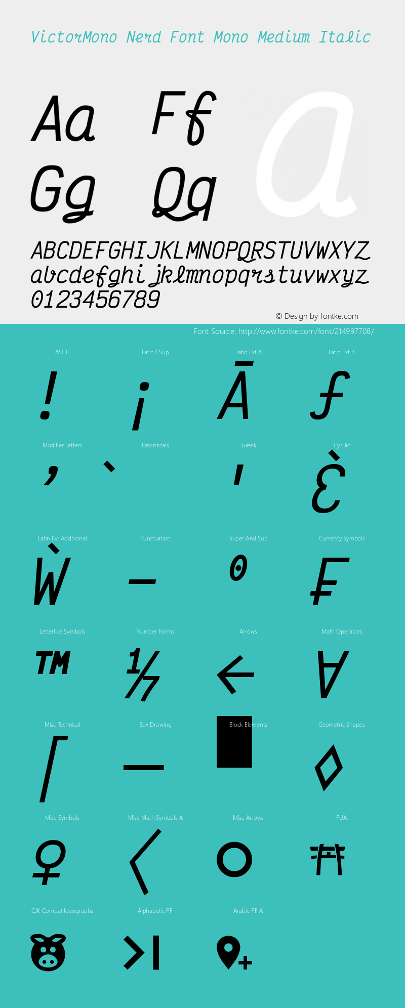 Victor Mono Medium Italic Nerd Font Complete Mono Version 1.410;Nerd Fonts 2.1.0图片样张