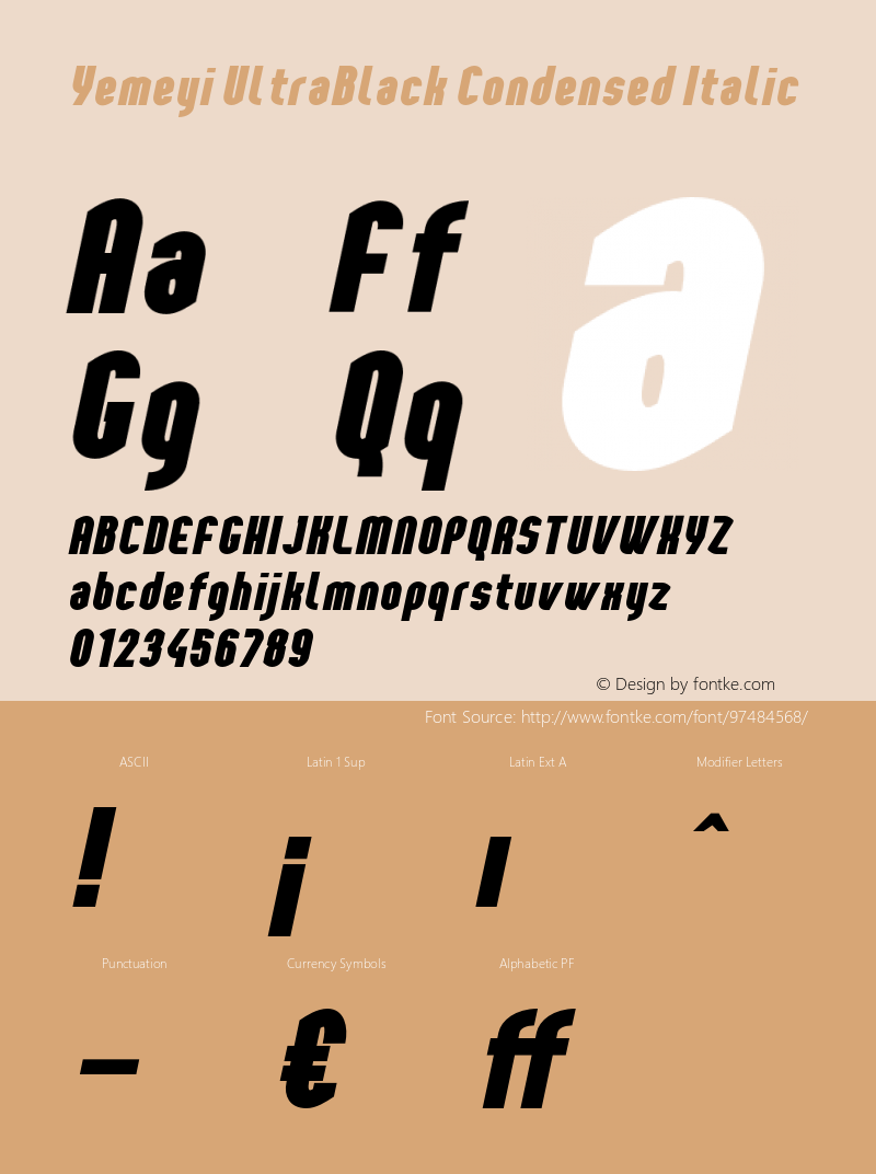 YemeyiUltraBlackCondensedItalic Version 1.0; Jan 2021 by Audry Kitoko Makelele Font Sample