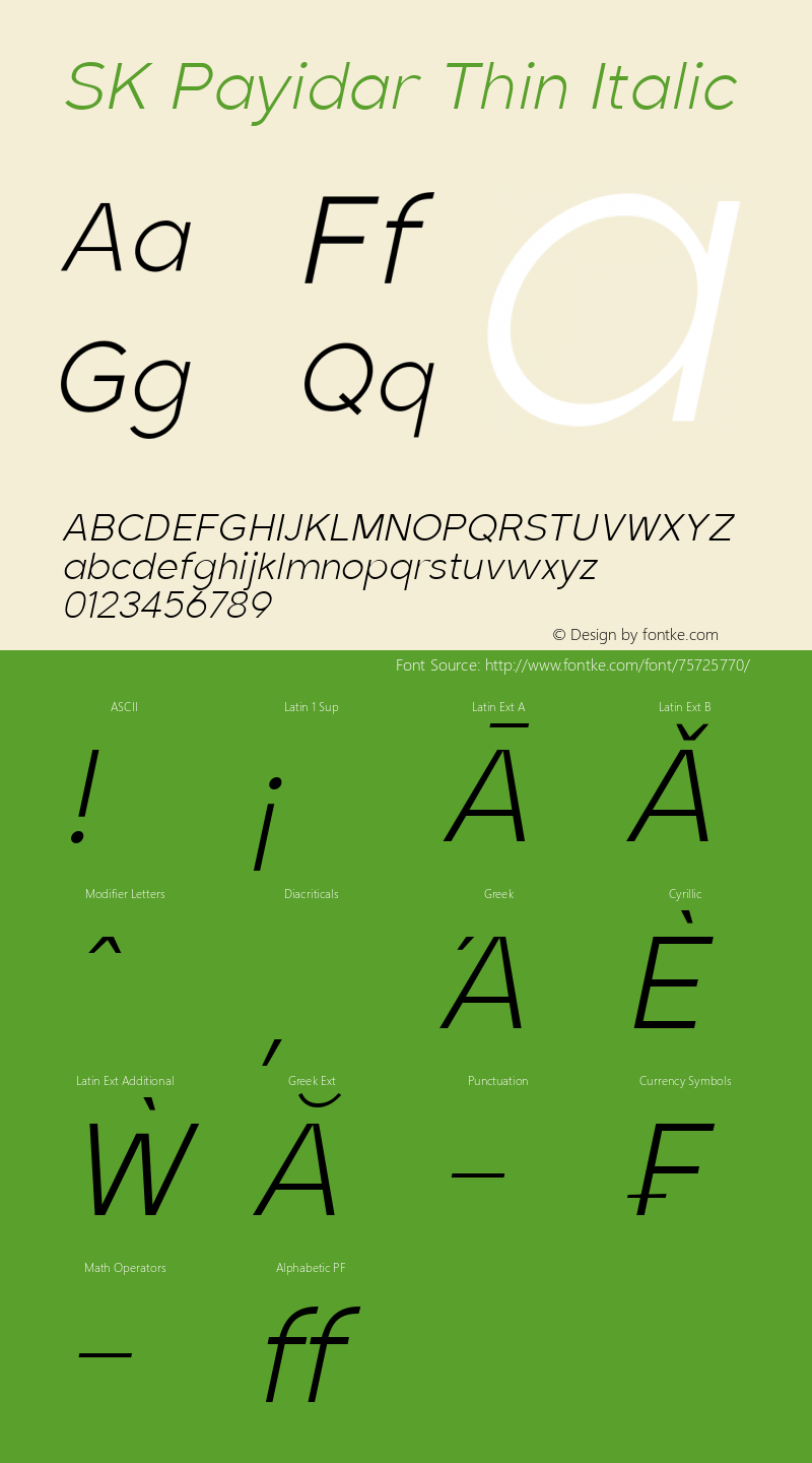 SK Payidar Thin Italic Version 1.000 Font Sample