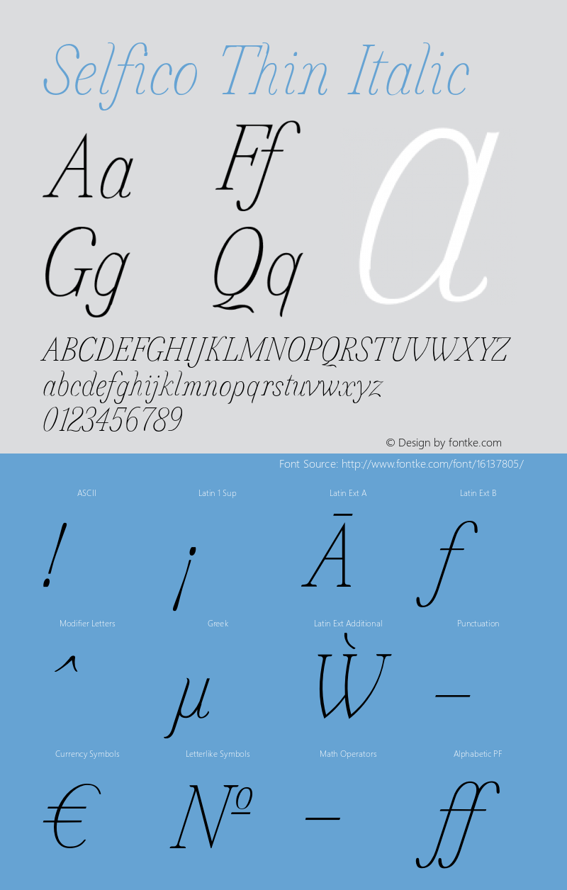 Selfico Thin Italic Version 1.000; initial release Font Sample