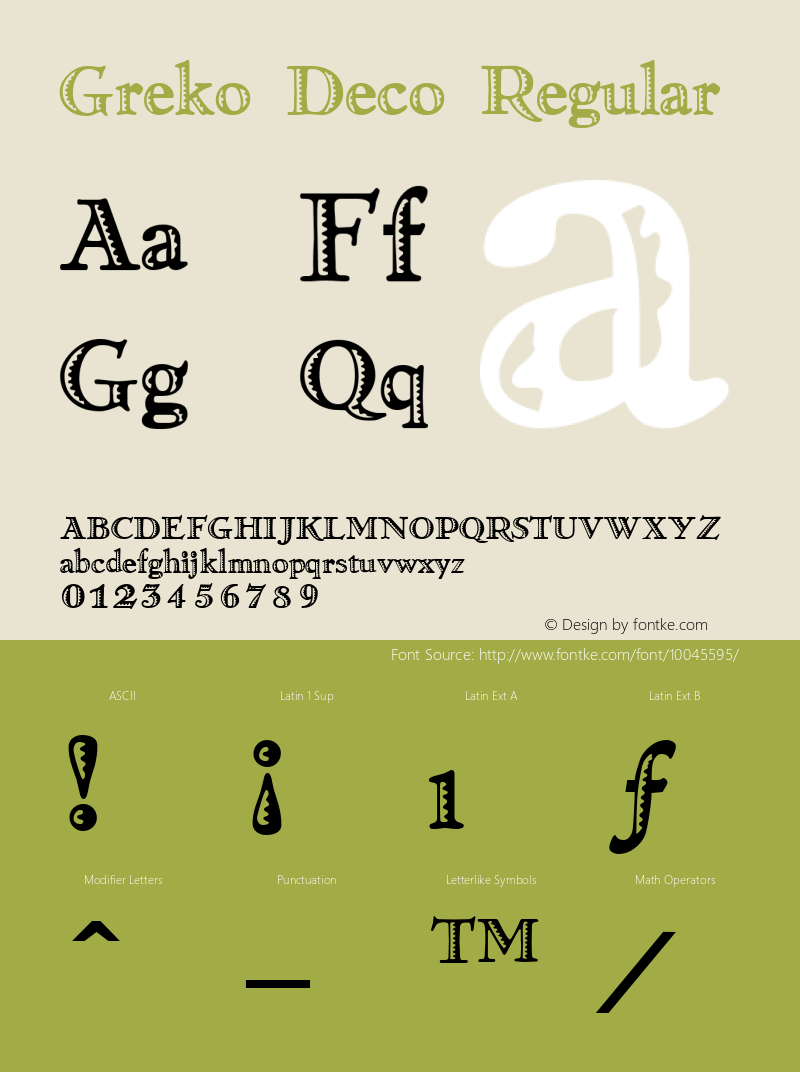 Greko Deco Regular Accurate Research Professional Fonts, Copyright (c)1995 Font Sample