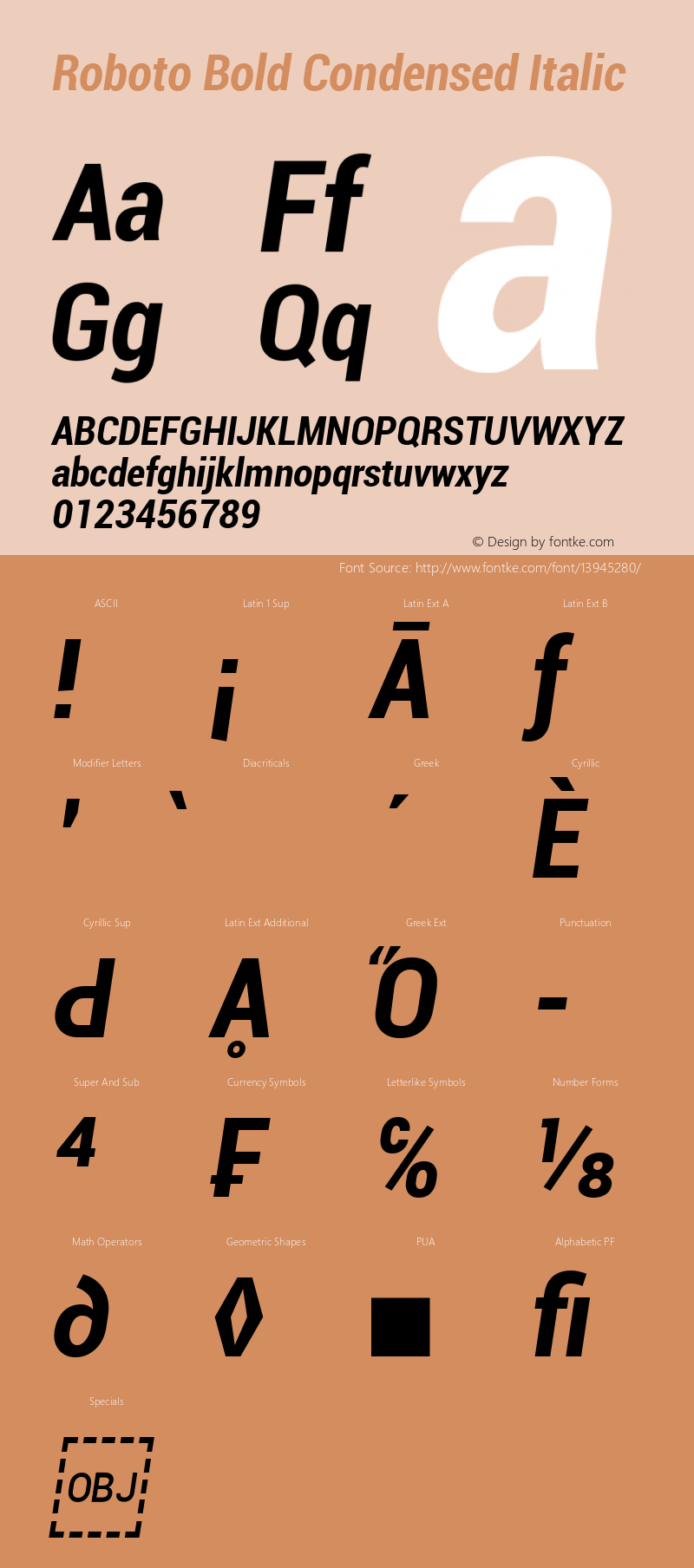 Roboto Bold Condensed Italic Version 1.00000; 2011 Font Sample