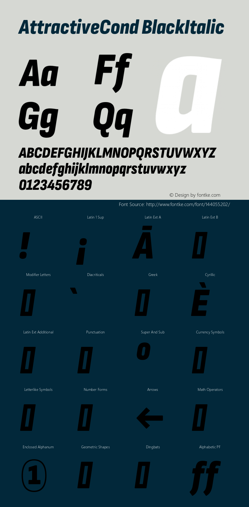 AttractiveCond BlackItalic Version 3.001;PS 003.001;hotconv 1.0.88;makeotf.lib2.5.64775 Font Sample