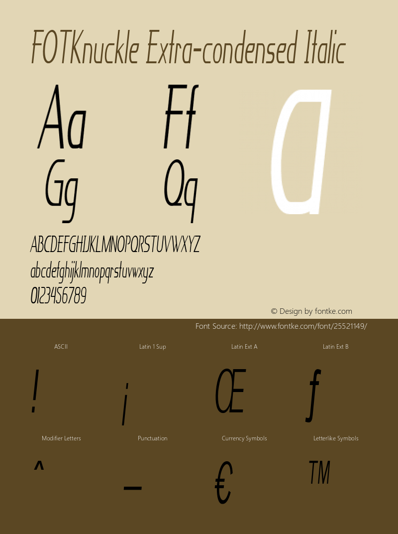 FOTKnuckle-ExtracondensedItalic Version 1.000 Font Sample