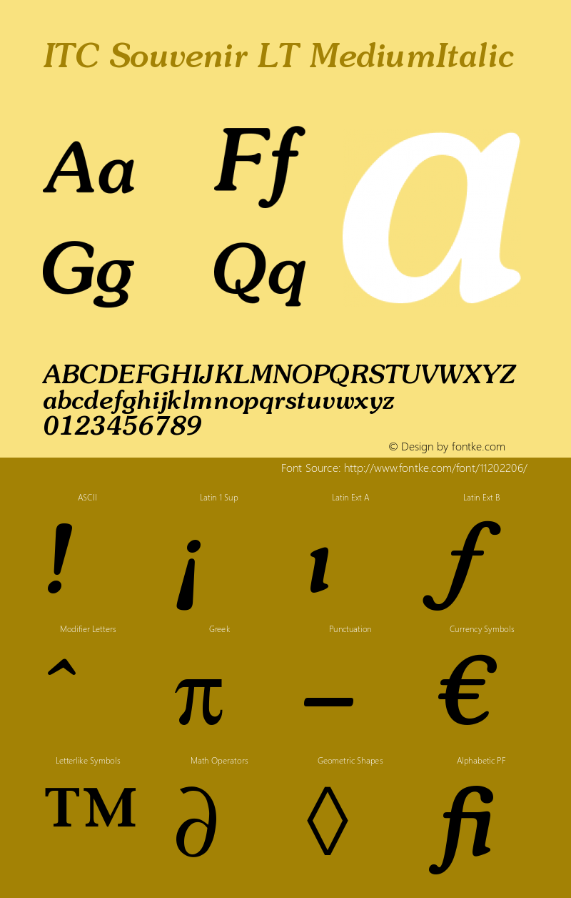 ITC Souvenir LT MediumItalic Version 006.000 Font Sample