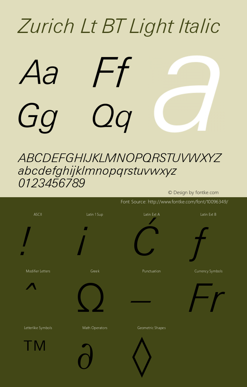 Zurich Lt BT Light Italic Version 2.001 mfgpctt 4.4 Font Sample