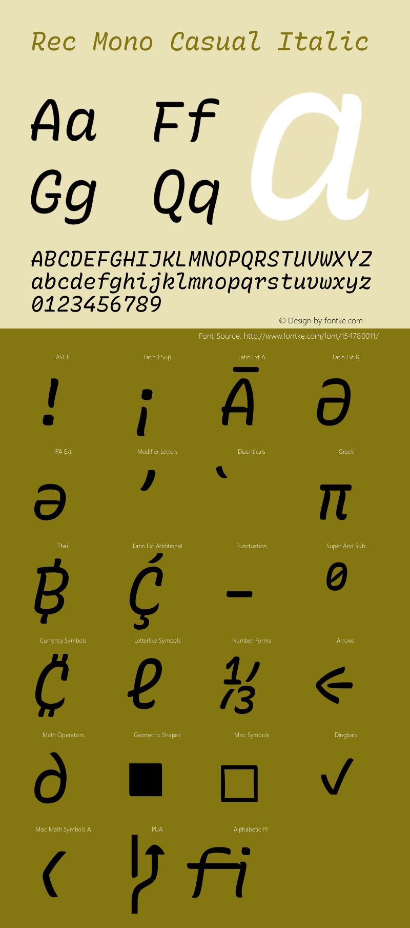 Rec Mono Casual Italic Version 1.073 Font Sample