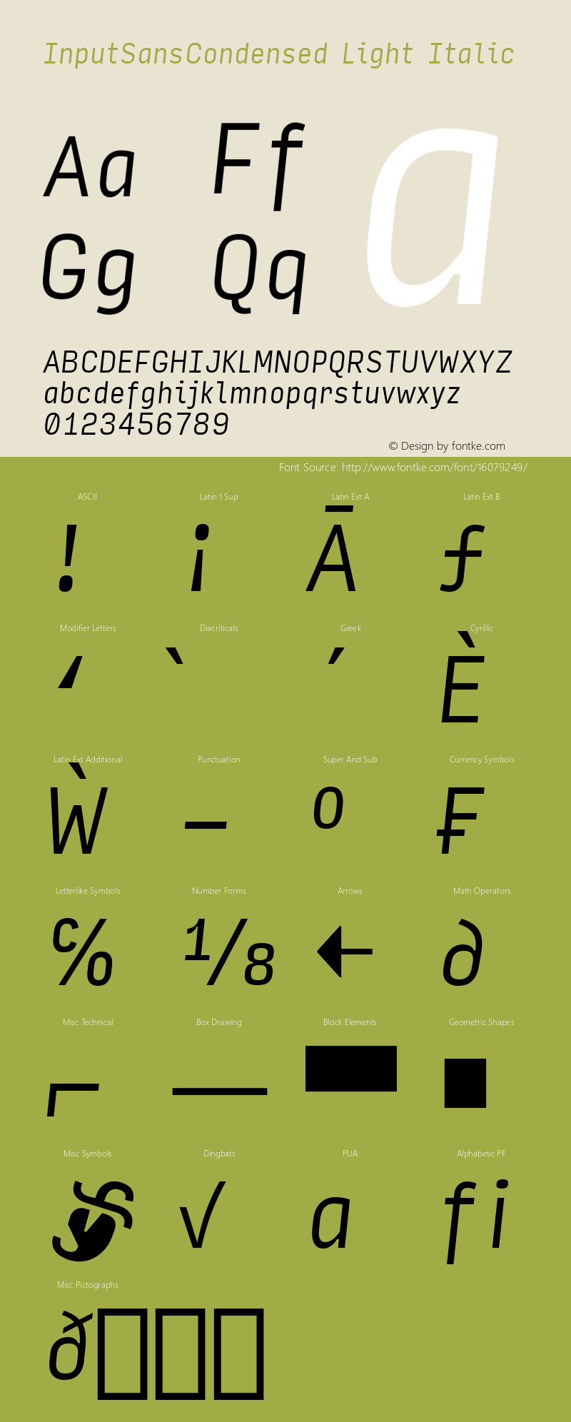 InputSansCondensed Light Italic Version 0.000;PS 0.0;hotconv 1.0.72;makeotf.lib2.5.5900 Font Sample