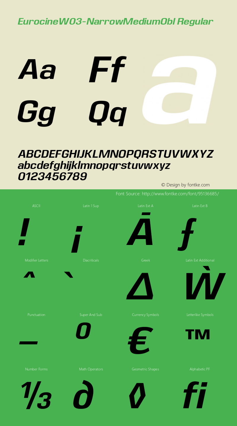 Eurocine W03 Narrow Medium Obl Version 1.00 Font Sample