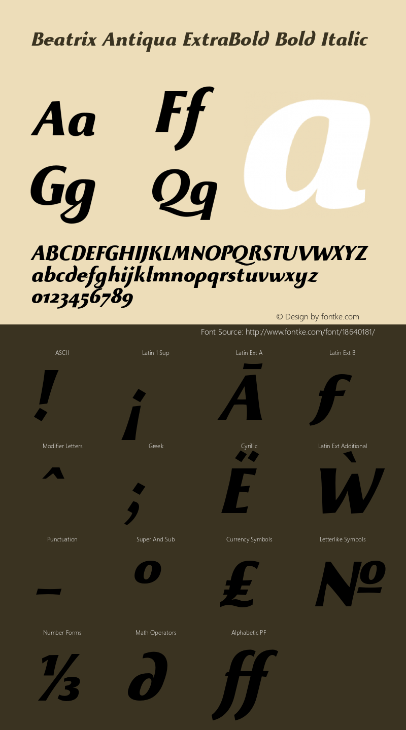 Beatrix Antiqua ExtraBold Bold Italic Version 1.008 Font Sample