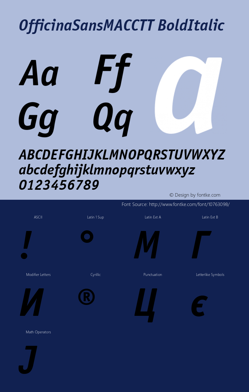 OfficinaSansMACCTT BoldItalic TrueType Maker version 3.00.00 Font Sample