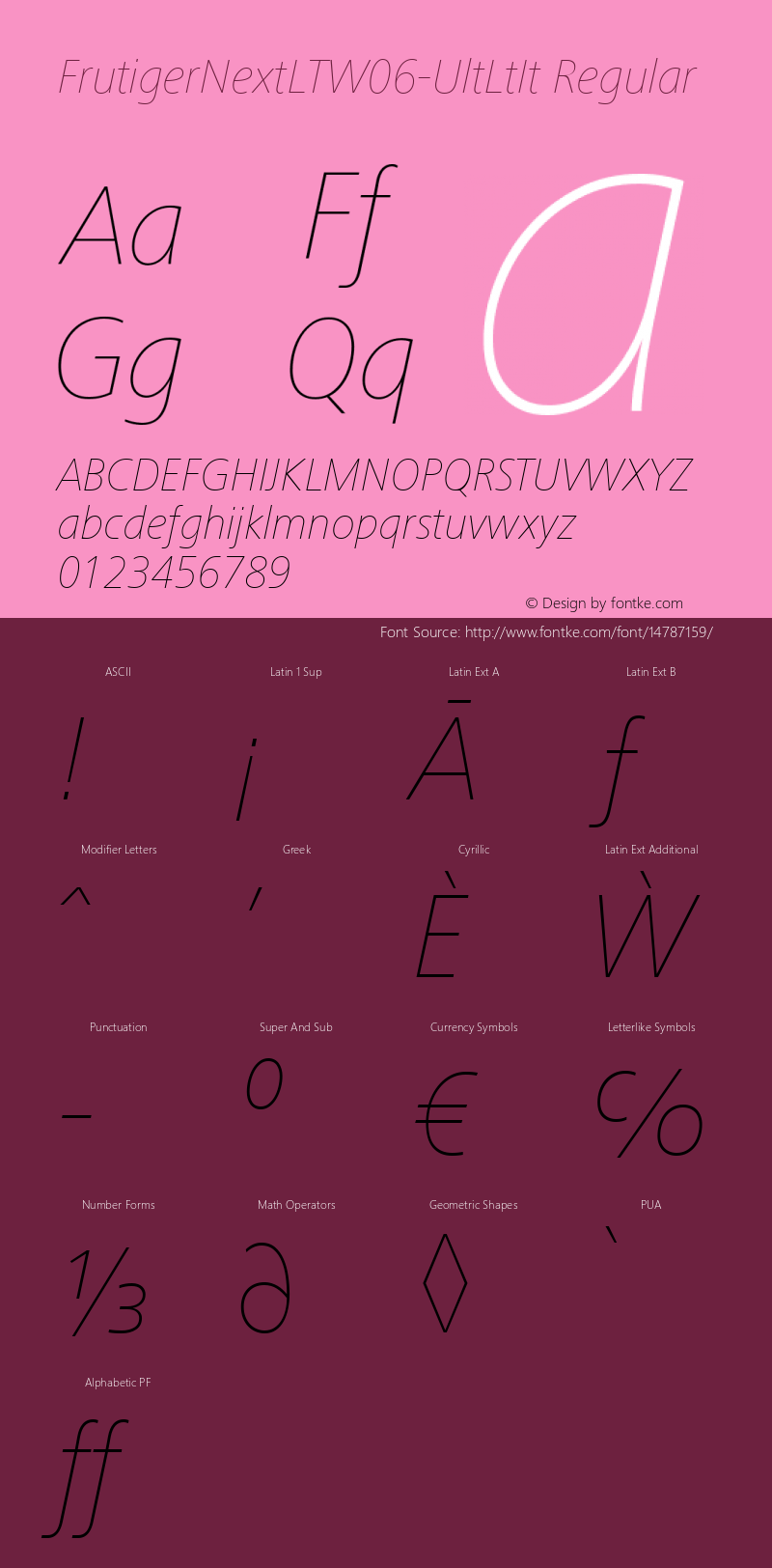 FrutigerNextLTW06-UltLtIt Regular Version 1.0 Font Sample