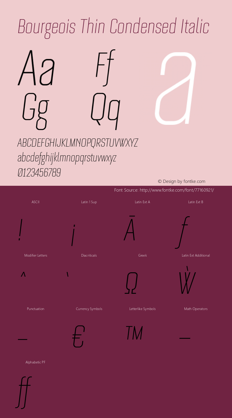 Bourgeois Thin Condensed Italic Version 1.105;PS 001.105;hotconv 1.0.88;makeotf.lib2.5.64775 Font Sample