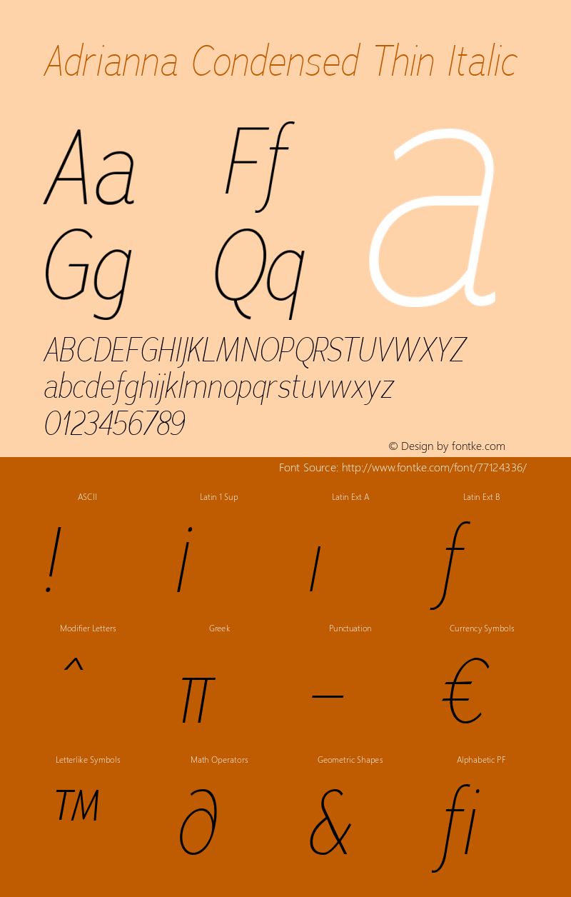 Adrianna Condensed Thin Italic Version 1.000 Font Sample