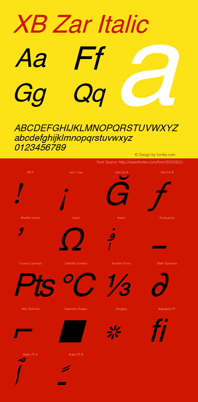 XB Zar Italic Version 7.010 2007 Font Sample