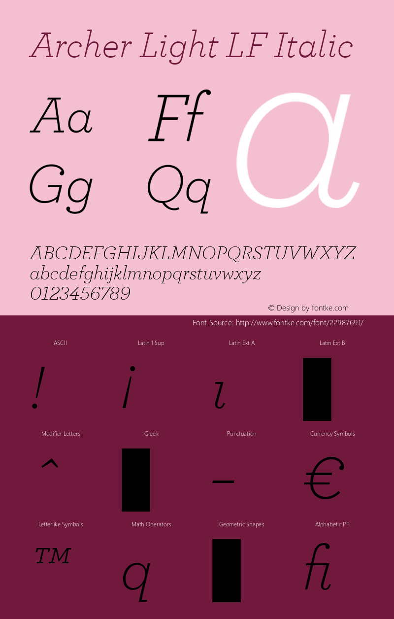 Archer Light LF Italic Version 1.100 Font Sample