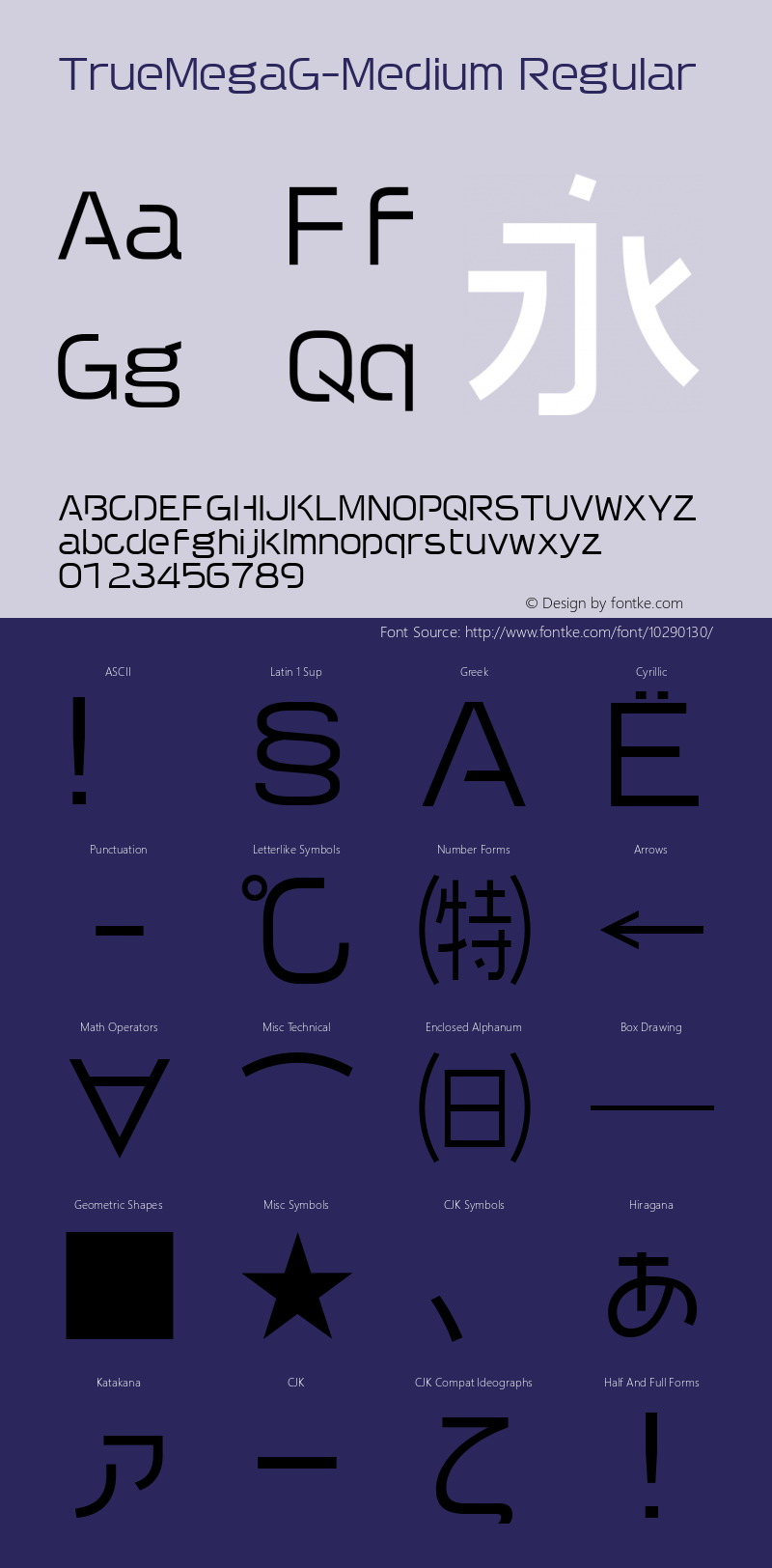 TrueMegaG-Medium Regular 96.11.01 Visual Design Laboratory, Inc. Version 2.00TT Font Sample