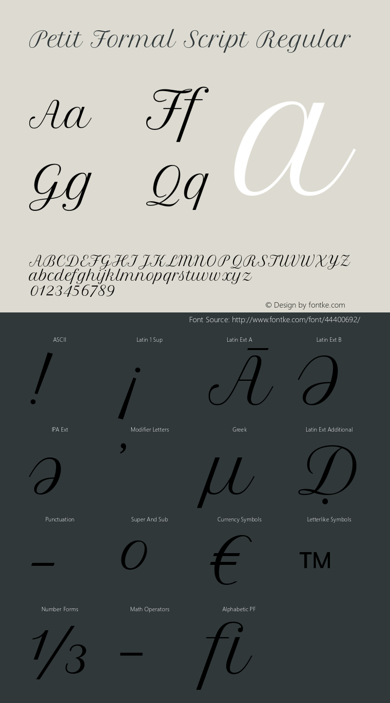 Petit Formal Script Version 1.001; ttfautohint (v0.8) -G 200 -r 50 Font Sample