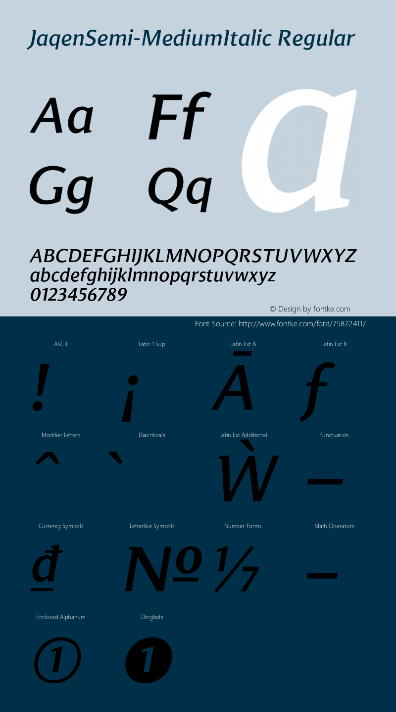 Jaqen Semi W05 Medium Italic Version 1.001 Font Sample